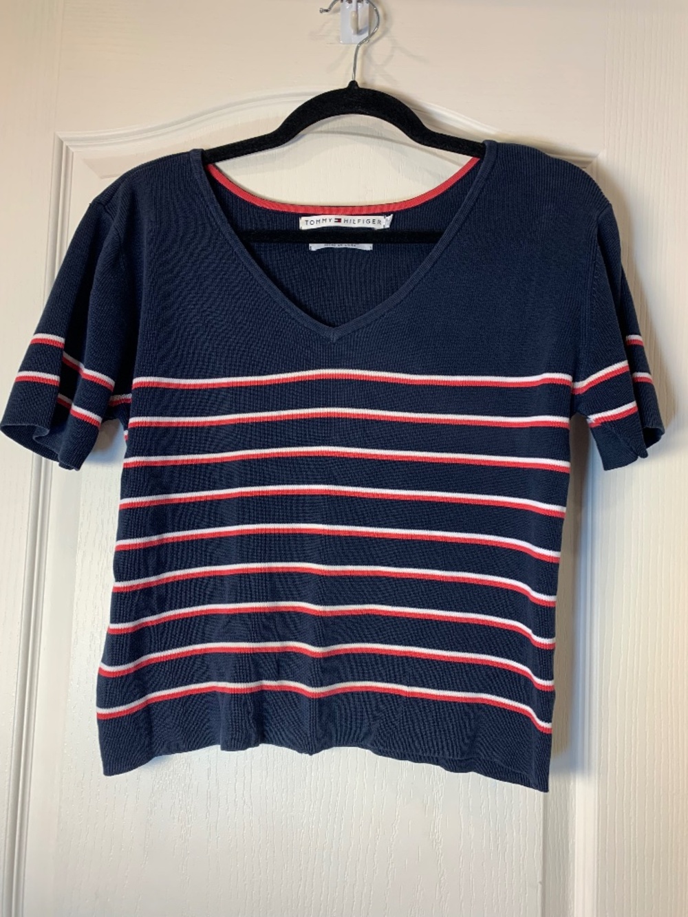 Tommy Hilfiger Vintage Style Striped Knit Top Navy Red White Size L Preppy